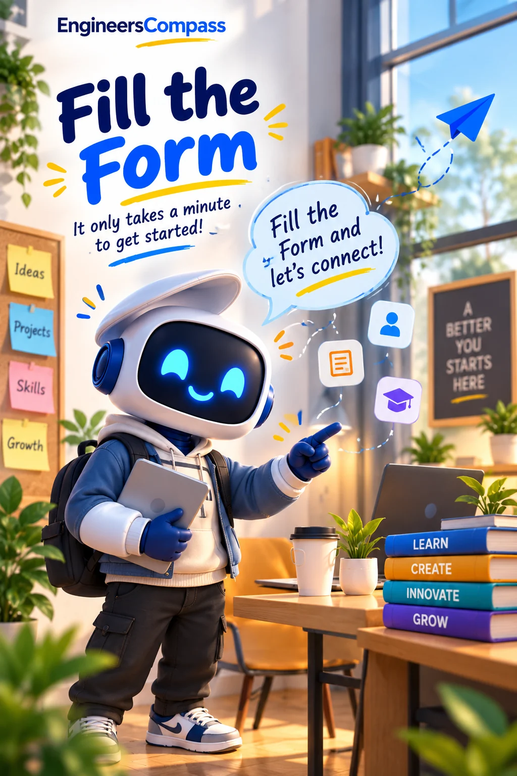 Compass Cubie inviting visitors to fill the form and connect with EngineersCompass