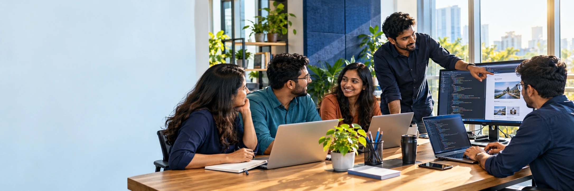 Illustrative scene of Indian software developers and adult learners collaborating in a bright sunlit studio