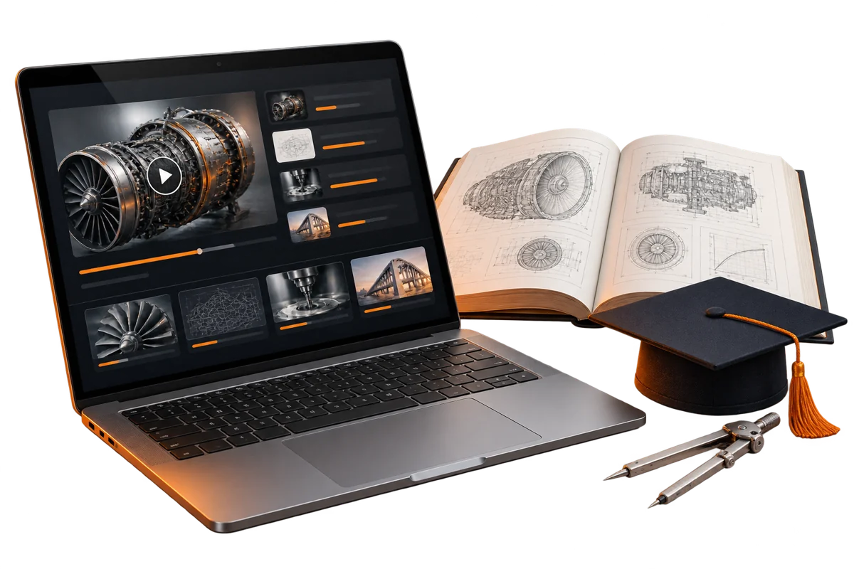 Learning laptop with technical book, graduation cap and precision compass